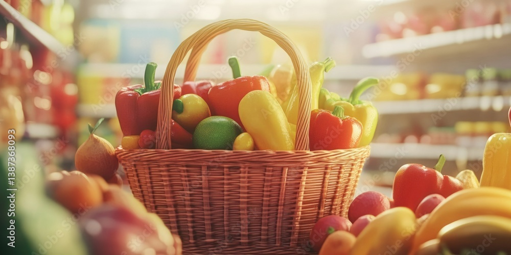 A variety of fruits and vegetables in a colorful basket on a refrigerator shelf.