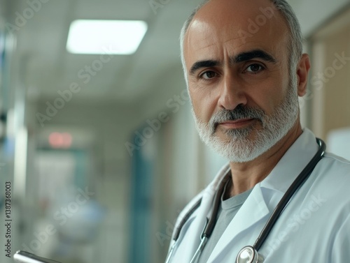 Obraz na płótnie Man wearing a white coat, standing in hospital corridor w salonie