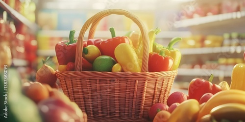 A variety of fruits and vegetables in a colorful basket on a refrigerator shelf.