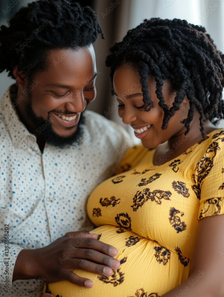 Laughing couple expecting first child, close-up family moment