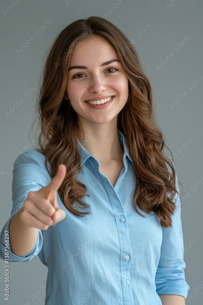 A confident smiling young businesswoman posing for a promotional image in modern office attire, suggesting trustworthy and effective customer service or professional networking.