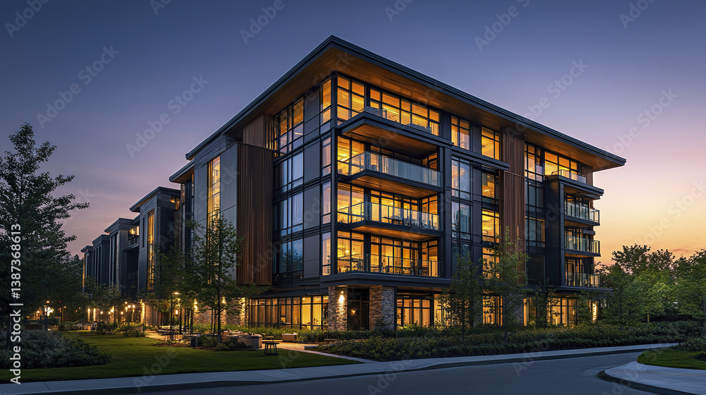 Fototapeta premium Modern urban condo with glass facade at dusk, warm lighting creates inviting ambiance