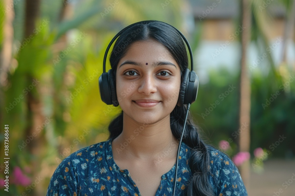 Young girl in headphones looking focused.