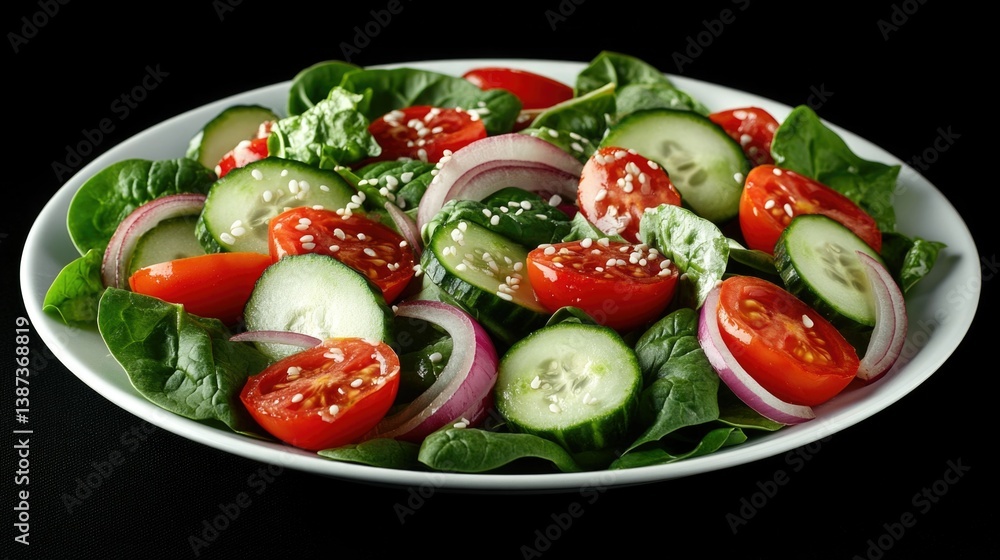 A colorful salad with various vegetables and a sprinkle of sesame seeds.