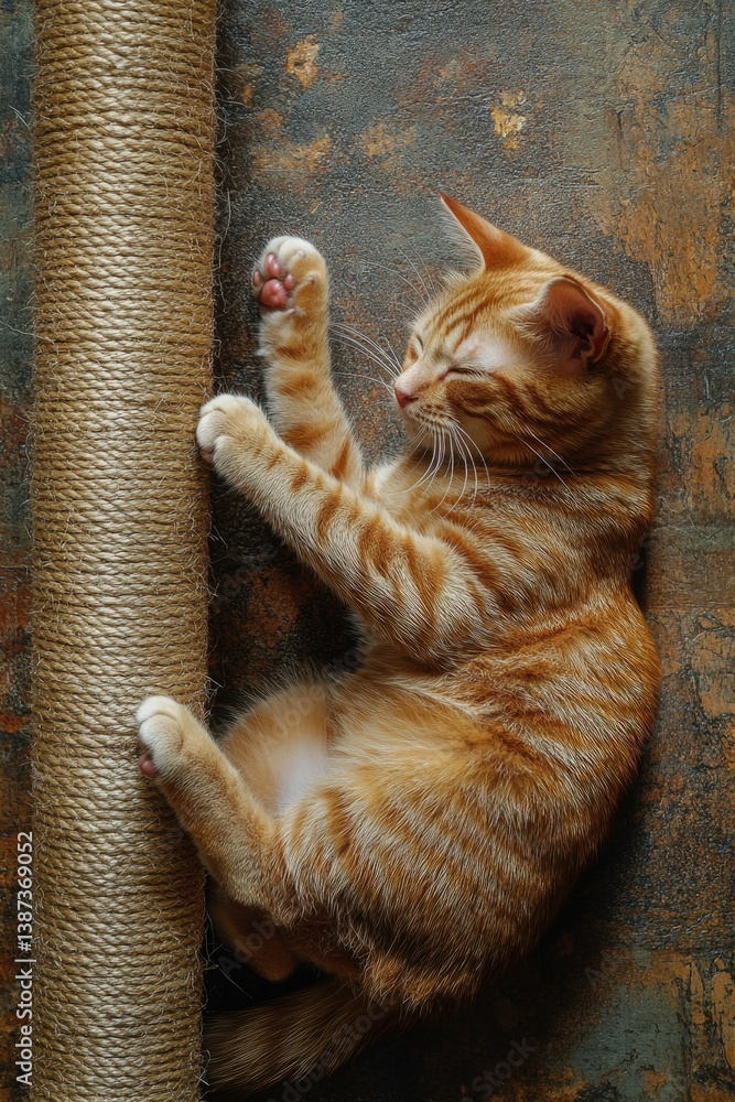 Adorable orange tabby with playful eyes and paws, sitting on scratching post.