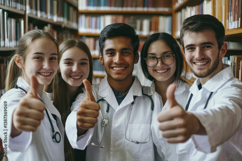 Six young adults in white coats smiling and giving thumbs up, likely celebrating academic success.