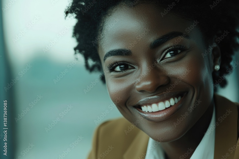 A young woman with natural hair, looking confident and happy at work.