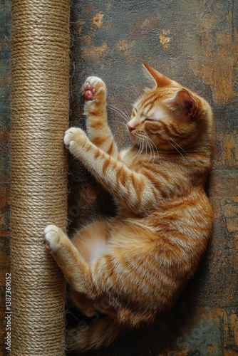 Obraz na płótnie Adorable orange tabby with playful eyes and paws, sitting on scratching post. w salonie