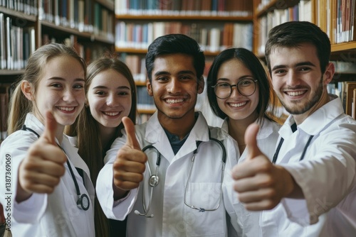 Obraz na płótnie Six young adults in white coats smiling and giving thumbs up, likely celebrating academic success. w salonie