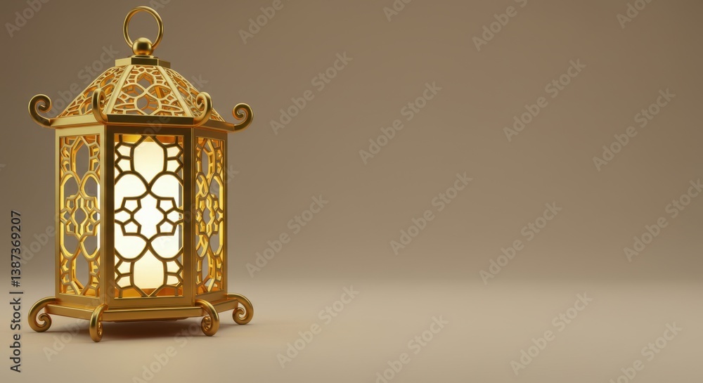 Elegant Golden Ramadan Lantern with Intricate Design, Festive Islamic Decoration, 3D Rendered Image Elegant Golden Ramadan Lantern with Intricate Design, Festive Islamic Decoration, 3D Rendered Image