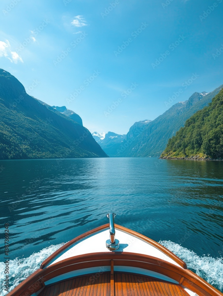Scenic mountain lake excursion. A boat journey amidst towering peaks.