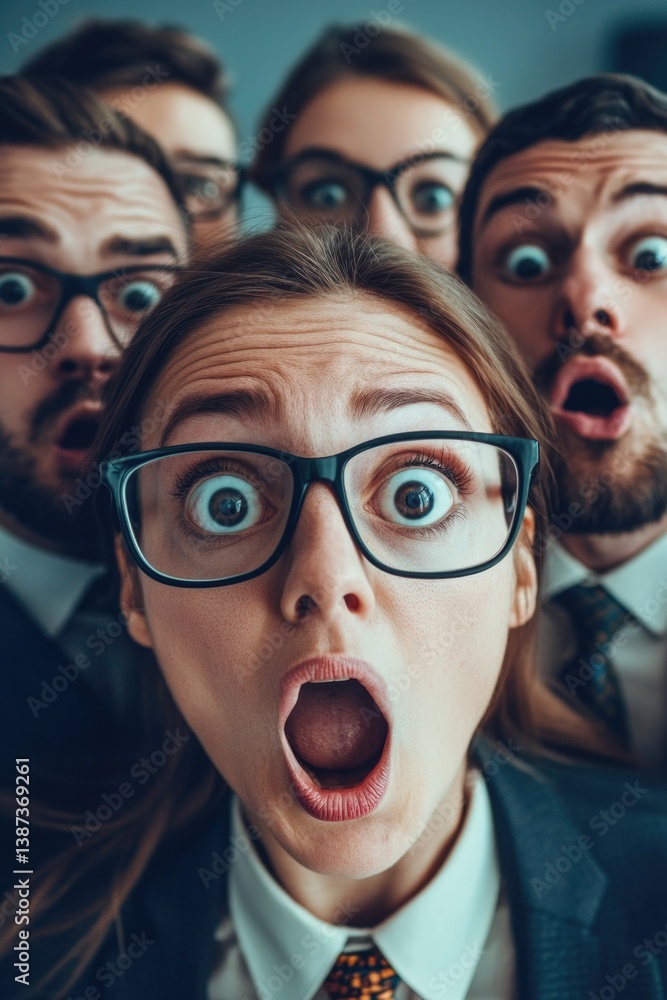 A group of professionals reacting with surprise and shock in an office setting.