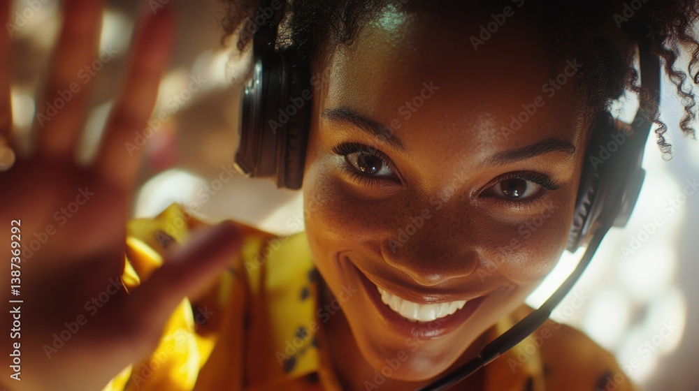 A smiling woman in a call center waving and greeting the camera.