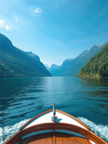 Obraz na płótnie Scenic mountain lake excursion. A boat journey amidst towering peaks. w salonie