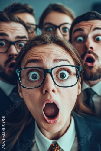 Obraz na płótnie A group of professionals reacting with surprise and shock in an office setting. w salonie