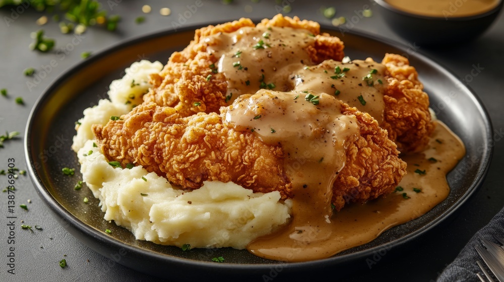 A plate of crispy fried chicken with mashed potatoes and gravy. Featuring comfort and indulgence A plate of crispy fried chicken with mashed potatoes and gravy. Featuring comfort and indulgence