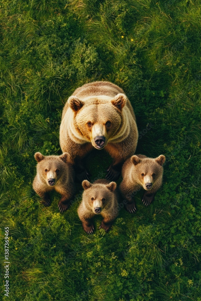 Three brown bears standing on grass together.