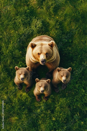 Obraz na płótnie Three brown bears standing on grass together. w salonie