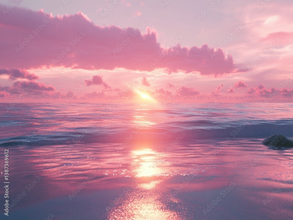 Reflection of pink sunset on water surface, silhouette of sea foam, horizon line with clouds, tranquil ocean scene.