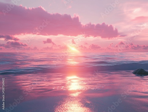 Obraz na płótnie Reflection of pink sunset on water surface, silhouette of sea foam, horizon line with clouds, tranquil ocean scene. w salonie