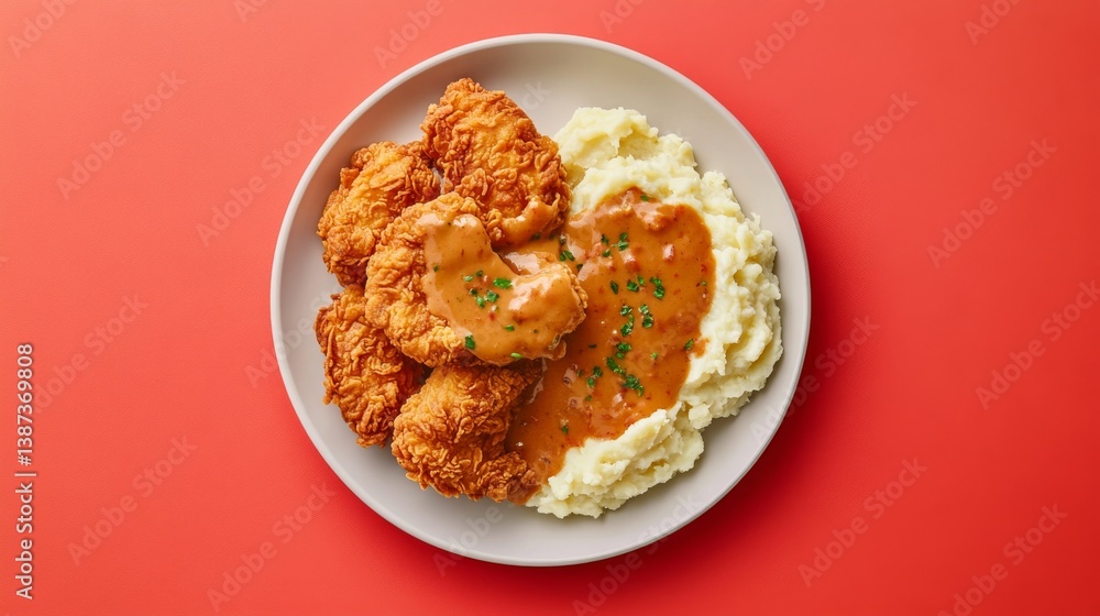 A plate of crispy fried chicken with mashed potatoes and gravy. Featuring comfort and indulgence A plate of crispy fried chicken with mashed potatoes and gravy. Featuring comfort and indulgence