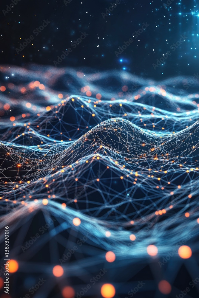 High-tech image with artificial intelligence data network, dark blue background, 3D illustration.