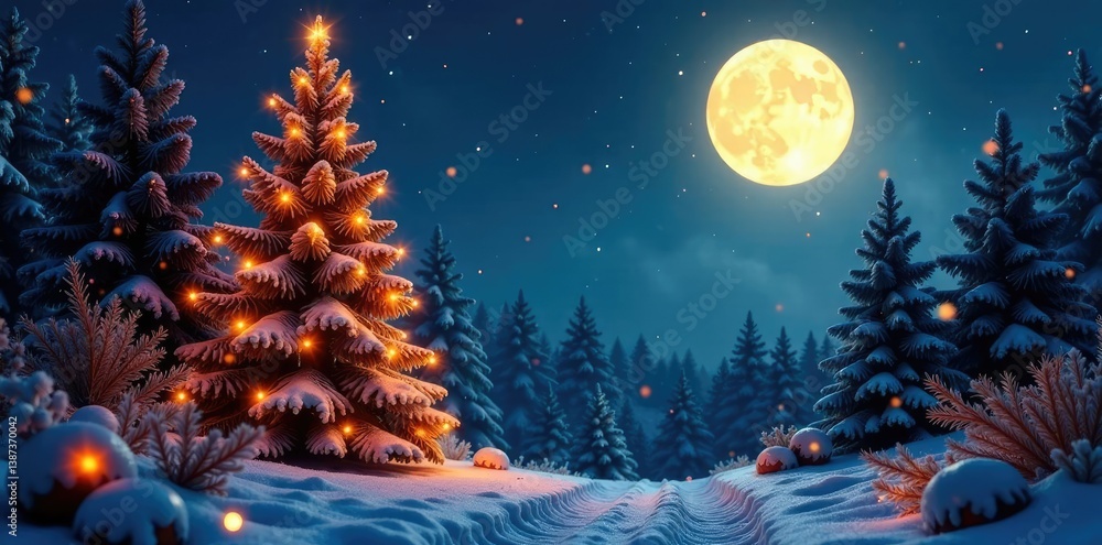 Twinkling fairy lights adorn snow-covered pine trees with a full moon's gentle glow and autumnal foliage, frosty, silvery, halloween decorations Twinkling fairy lights adorn snow-covered pine trees with a full moon's gentle glow and autumnal foliage, frosty, silvery, halloween decorations