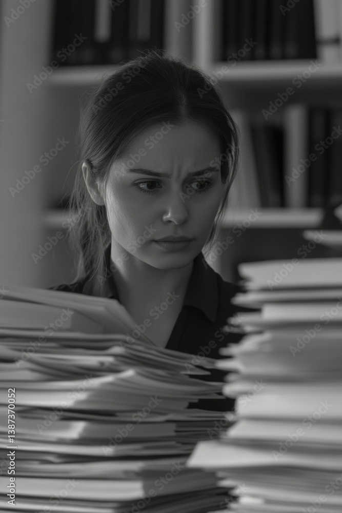 A young woman sits in front of a stack of papers, her expression one of concern or worry.