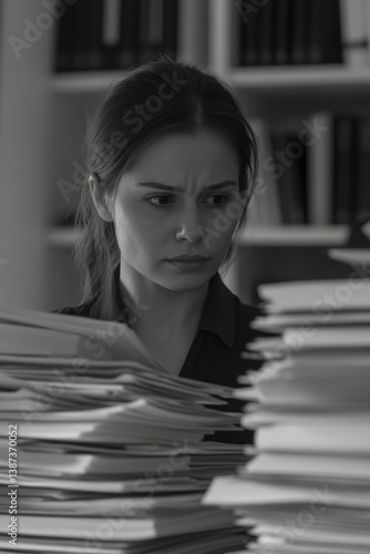 Obraz na płótnie A young woman sits in front of a stack of papers, her expression one of concern or worry. w salonie