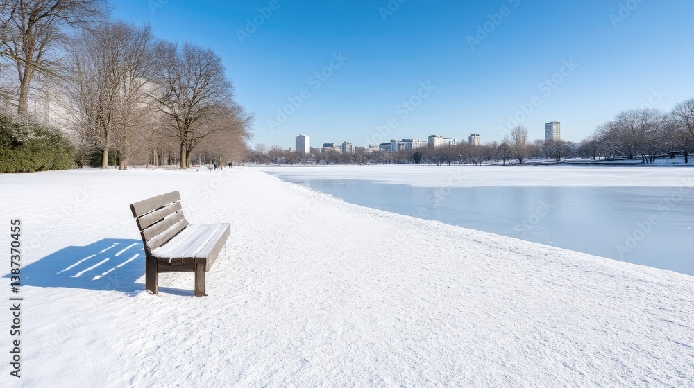 A snow-covered wooden bench sits alone in a winter park. A frozen lake stretches behind it, with a city skyline visible in the distance. The image is high-resolution, brightly lit by natural sunligh A snow-covered wooden bench sits alone in a winter park. A frozen lake stretches behind it, with a city skyline visible in the distance. The image is high-resolution, brightly lit by natural sunligh