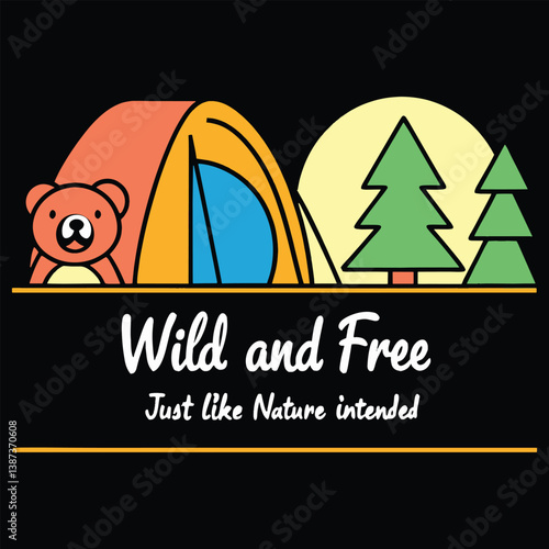 Summer Camping Adventure t shirt design with quote Wild and Free Illustration