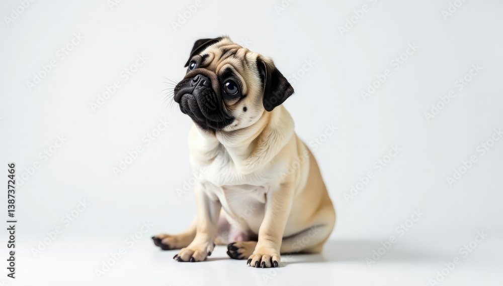 Obraz premium Adorable pug dog sits alone against white background, white background, wrinkled, dog portrait