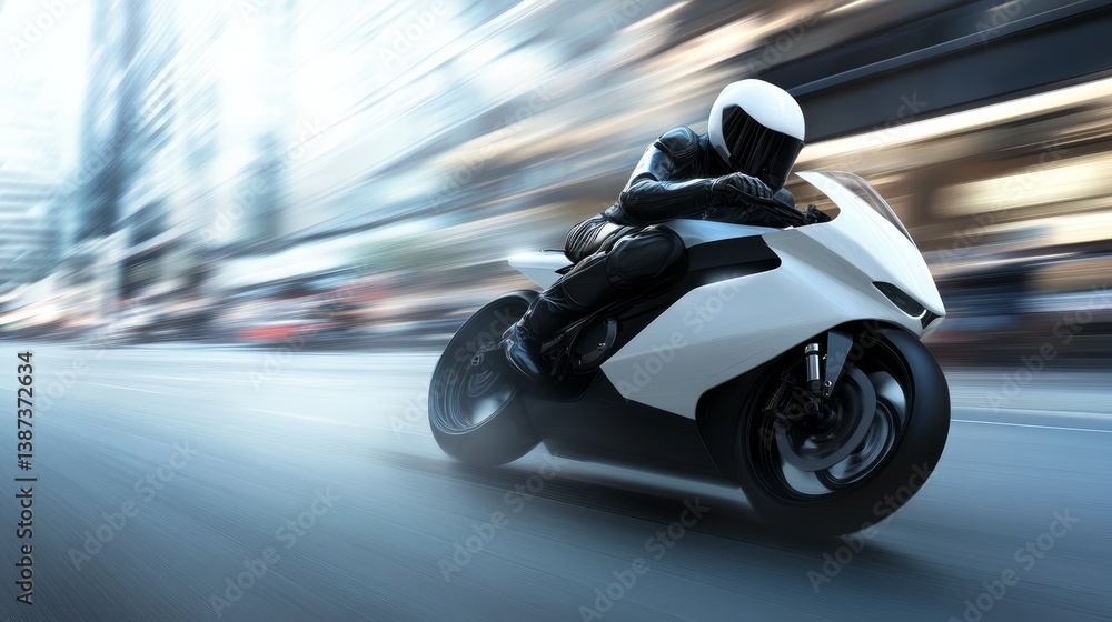 Fototapeta premium Rider in black leather gear accelerates smoothly on a sleek, white motorcycle through a bustling urban environment on a clear day.