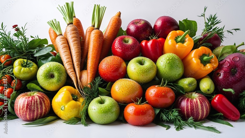 A vibrant assortment of fresh fruits and vegetables including apples, carrots, tomatoes, bell peppers, and leafy greens with water droplets A vibrant assortment of fresh fruits and vegetables including apples, carrots, tomatoes, bell peppers, and leafy greens with water droplets