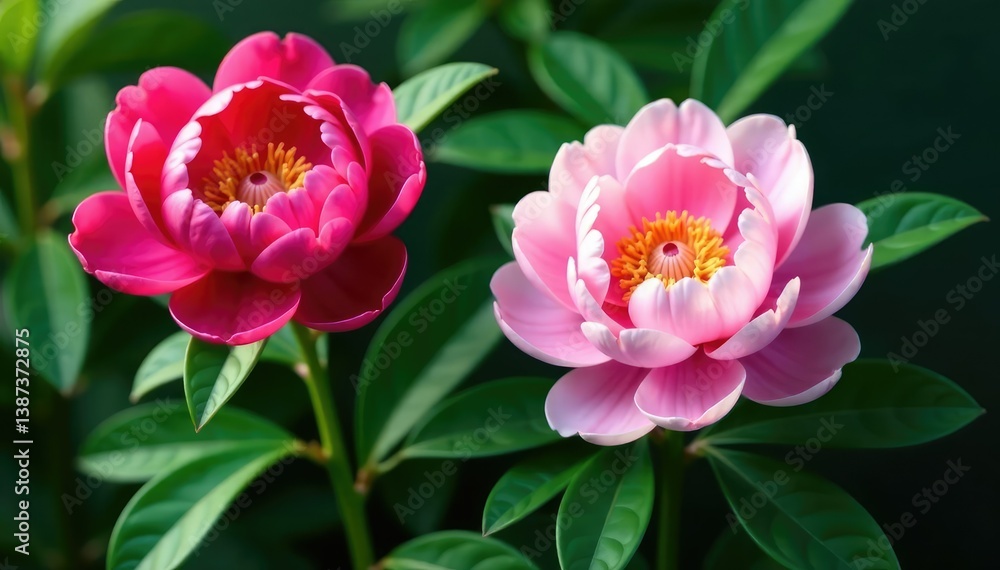Bold peony & rose blossoms, lush green leaves, woven, art Bold peony & rose blossoms, lush green leaves, woven, art