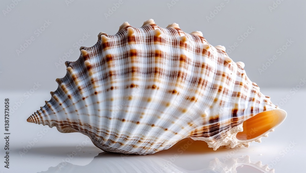 A beautifully detailed seashell with ridged patterns and vibrant hues rests elegantly on a white surface, showcasing its natural beauty against a soft background. A beautifully detailed seashell with ridged patterns and vibrant hues rests elegantly on a white surface, showcasing its natural beauty against a soft background.
