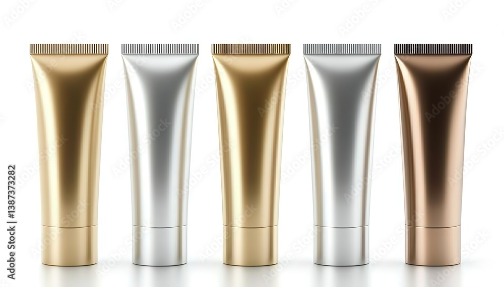 Set of blank cosmetic tubes in silver, bronze, and gold colors, isolated on a white background, beauty products branding packaging , Set of blank cosmetic tubes in silver, bronze, and gold colors, isolated on a white background, beauty products branding packaging ,