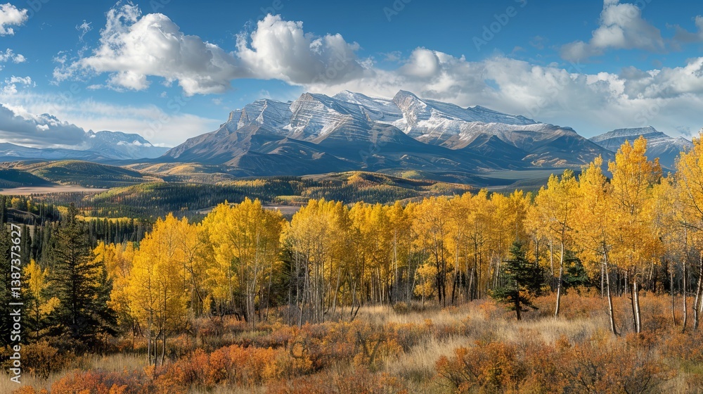 Panoramic view of colorful autumn forest and mountain range under clear sky