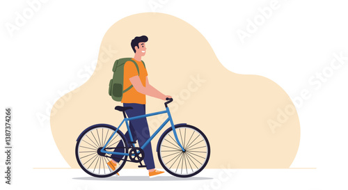 Young man enjoying a bicycle ride against a soft background  