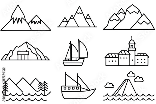 fjord line art black and white minimalist mountain drawing design  