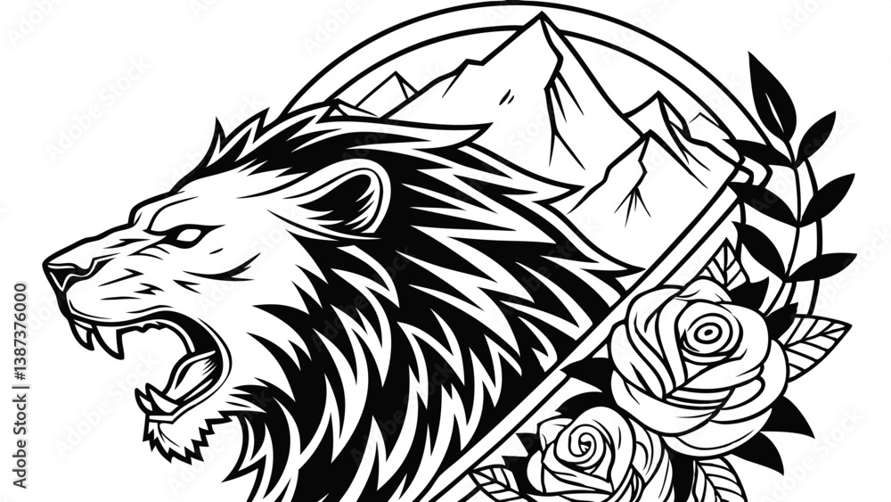 Fototapeta premium Majestic Lion with Mountain and Rose Tattoo Design Black and White Ink Illustration