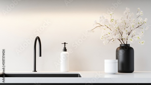 A sleek, black gooseneck faucet is centered above a modern sink. A white soap dispenser and small white container sit beside a black vase holding delicate white blossoms. The image is high-quality,