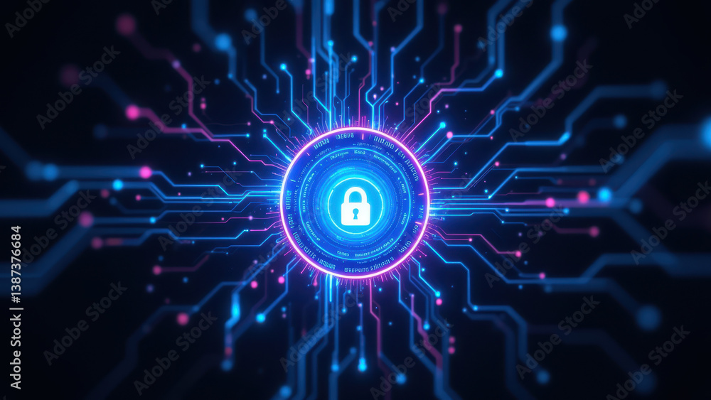 Obraz premium An abstract cyber-themed image featuring a central lock symbol within a network of glowing lines representing digital connectivity and cybersecurity.