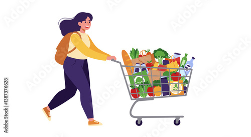 Young woman happily shopping with a cart full of groceries  