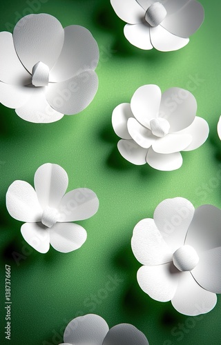 3d illustration, white paper flowers, green pastel decorative floral background, wedding wall decor 
