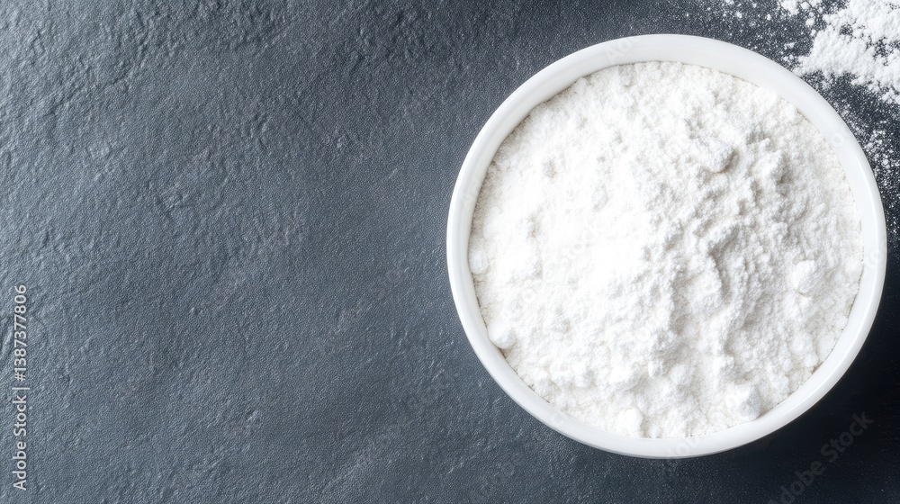 White flour in a bowl on a dark surface White flour in a bowl on a dark surface