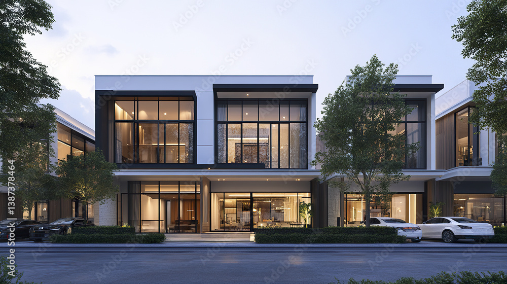 Fototapeta premium Modern shophouses with white facades and large windows, surrounded by trees