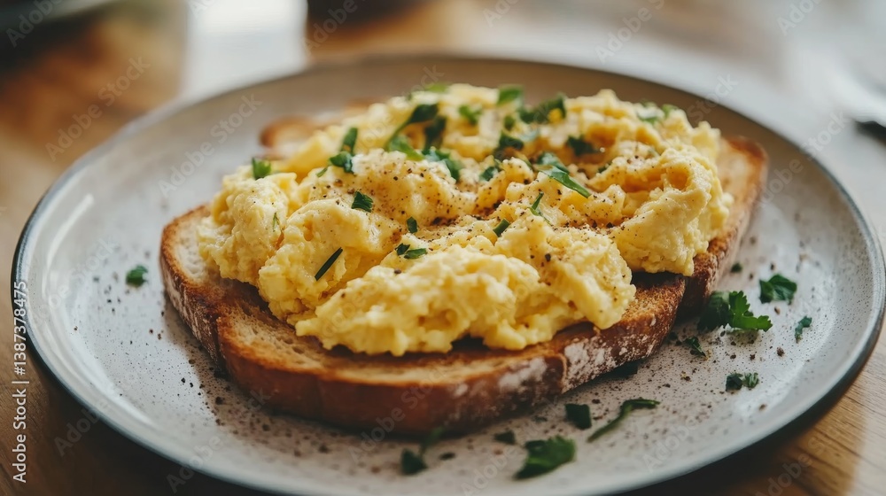 A plate of scrambled eggs with fresh herbs and toast. Featuring comfort and flavor A plate of scrambled eggs with fresh herbs and toast. Featuring comfort and flavor