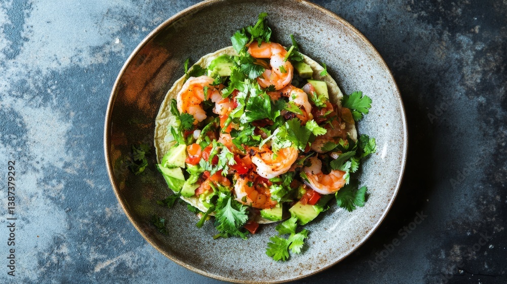 A plate of shrimp tacos with avocado and cilantro. Featuring freshness and flavor A plate of shrimp tacos with avocado and cilantro. Featuring freshness and flavor