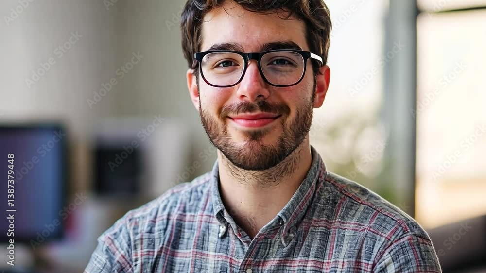 A young man with glasses and a beard smiles cheerfully looking towards the camera. A young man with glasses and a beard smiles cheerfully looking towards the camera.